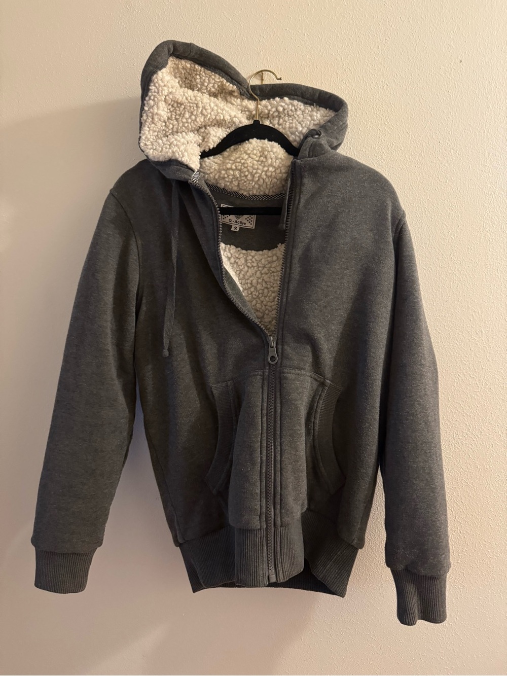 Q-Active Mens Small Sherpa Fleece Lined Full Zip Hoodie Jacket Charcoal Grey